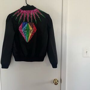 3- Shun Y2K  Black Sequins Bomber Jacket with Puffy Shoulders Size XL Christmas